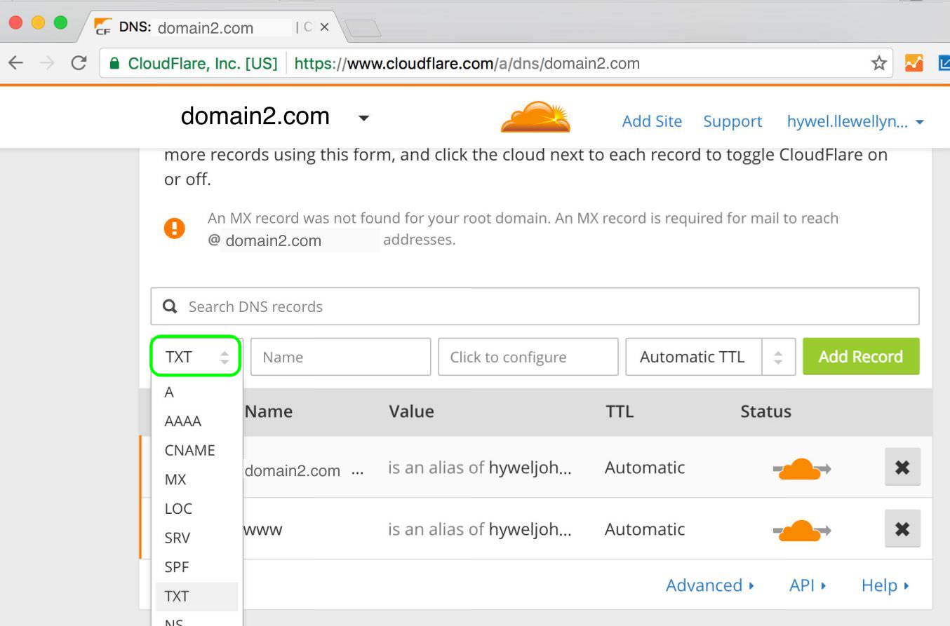 3.1 Select TXT in CloudFlare DNS